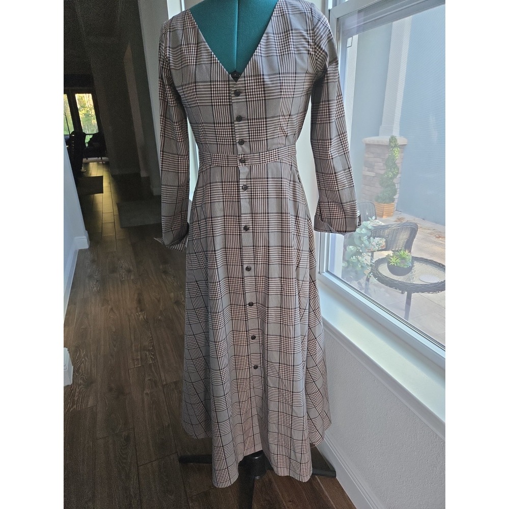 Japanese Designer Womens Plaid Dress Sz Small Full Skirt Brown Cream Swing Style